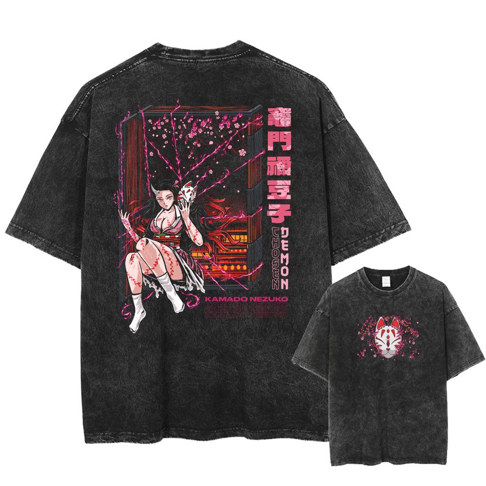 Men Streetwear Summer Rengoku Kyoujurou Top Tee Harajuku Anime Demon Slayer Printed T-shirt Vintage Washed Oversized Tshirt