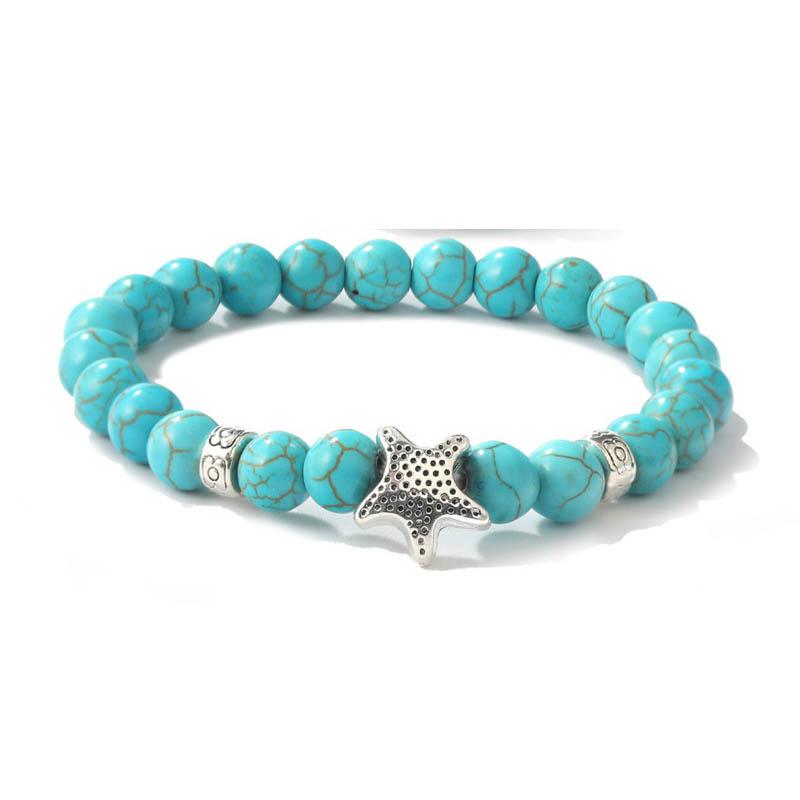 Evil Eye Charm Bracelets Owl Butterfly Starfish Braclets Lucky  Gift 8mm Synthetic Turquoise Stone Bracelet for Women Men