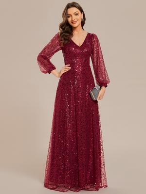 Ever-Pretty Women's Elegant V-Neck Lantern Long Sleeve Sequin Guest Dress A-Line Evening Dress