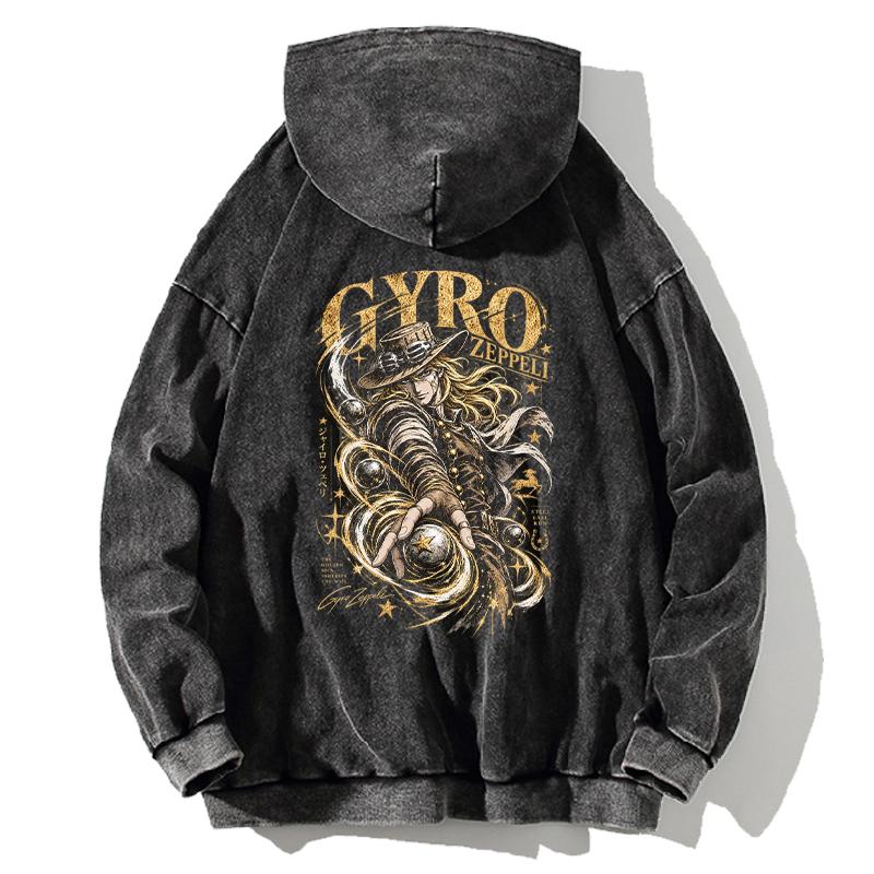Gyro Zeppeli JoJo's Bizarre Adventure Retro Hoodies Harajuku Vintage Washed Streetwear Men Long Sleeves 100% Cotton Hooded Tops