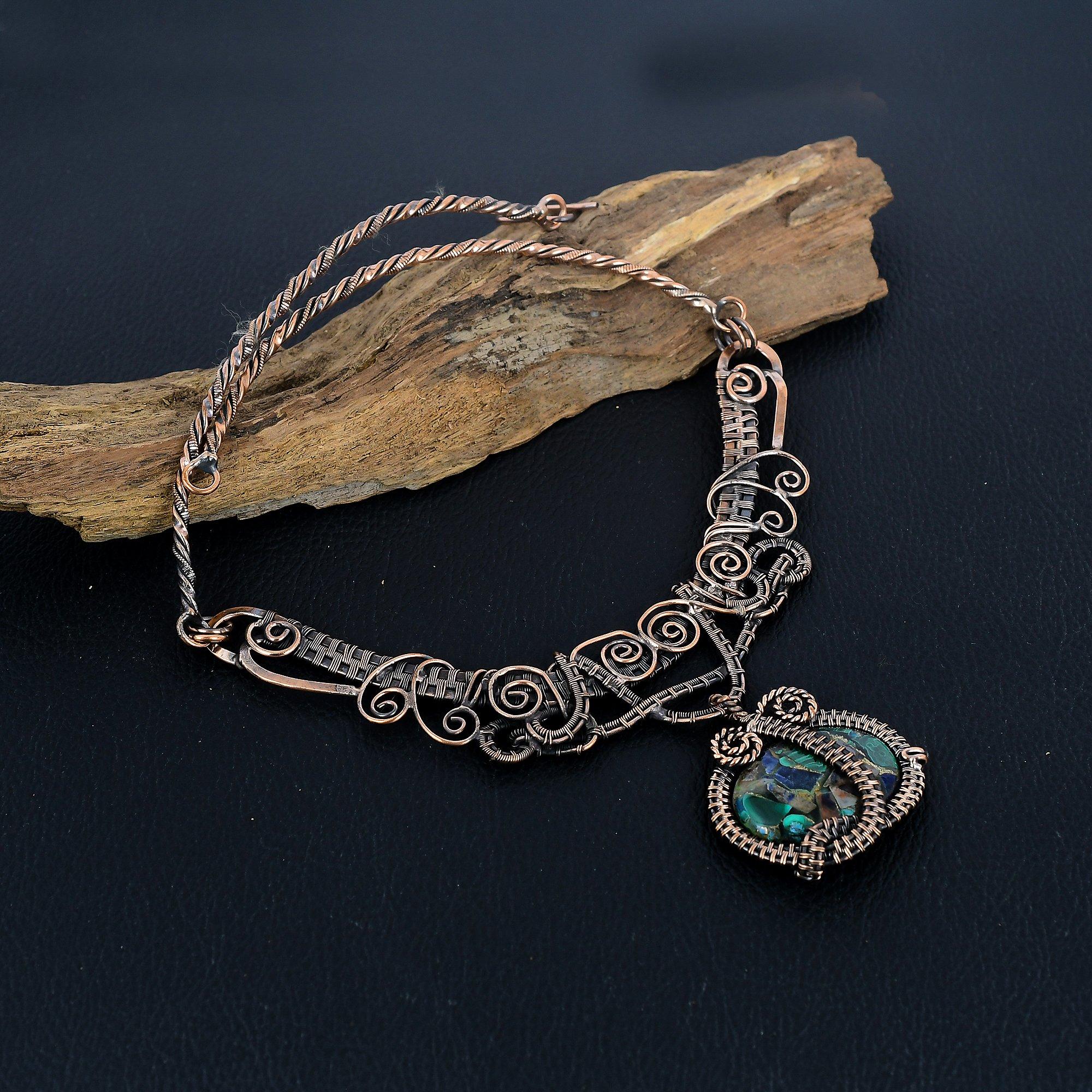 

Copper Malachite Azurite Necklace Gemstone Jewelry, 999 Copper Wire Wrapped Necklace, Adjustable Handmade Chain Necklace Gift For Wife Jewelry