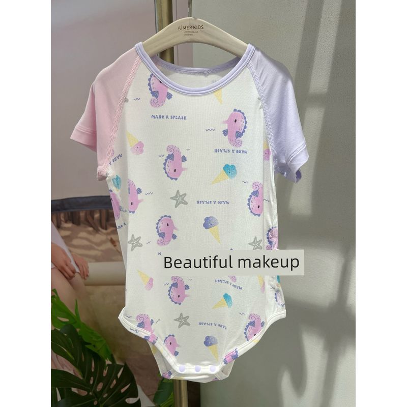 Aimerkids Adorable Children s 24 Milk Skin Cute Seahorse Baby Short-Sleeve Legless Romper Ab145D971 White Background Seahorse All over Print Yh1 66