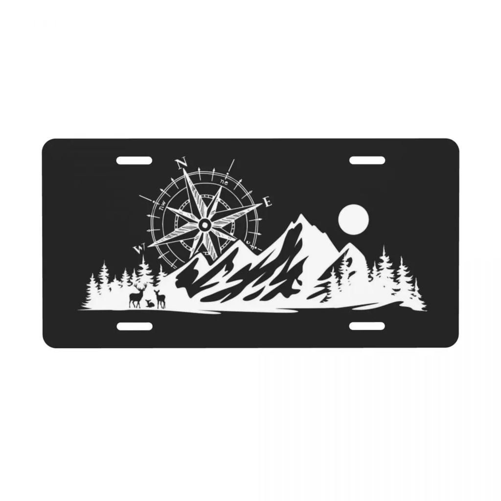 Novelty Deer In The Mountains Decorative Metal License Plate Compass Camper Aluminum Car Front Vanity Tag 6x12 Inch