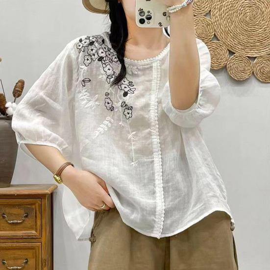 Dámské triko s kulatým výstřihem, 3/4 rukávem, vyšívaným květinovým vzorem, jednobarevné tričko s volným střihem, triko Streetwear