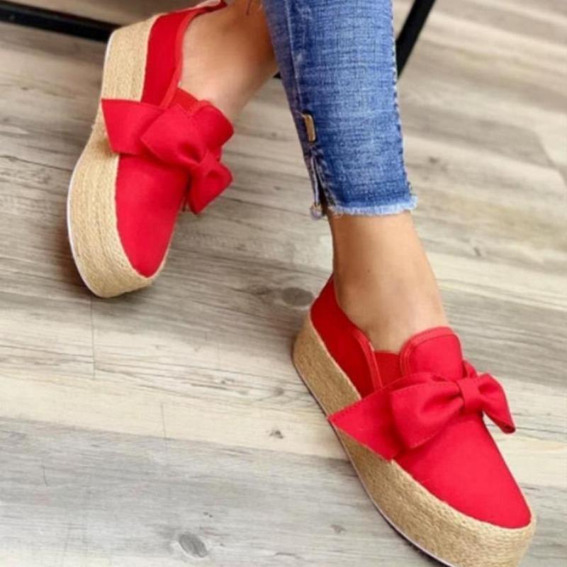 Mode Herbst Neu Dicke Sohle Einzelne Schuhe Damenmode Runder Kopf Tiefer Ausschnitt Stoffoberfläche Schmetterlingsknoten Flache Schuhe