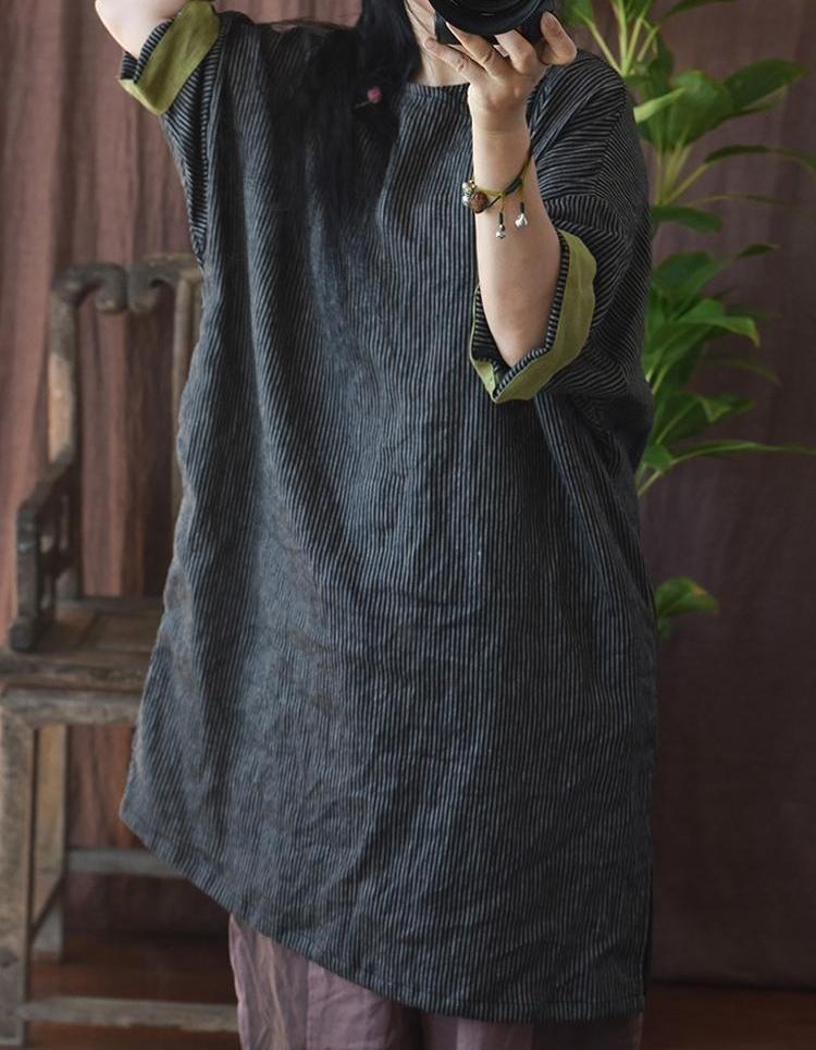 Vintage Linen Striped Blouse Women Summer Chinese Style Half Sleeve Loose Button Shirt Top