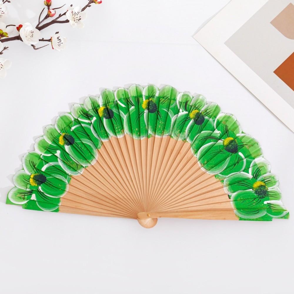 Chinese Style Wooden Folding Fan Hand-Painted Pattern Handheld Fan Ancient Flower Fan Women Use