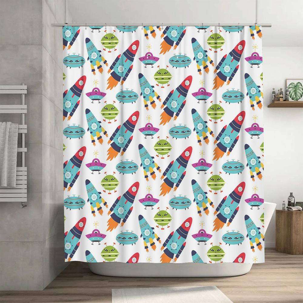 Space Ship Shower Curtain Cartoon Rockets Aliens Pattern for Bathroom Decorations Blue Green Red Black White Waterproof Fabric C