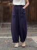 Johnature Vintage Women Harem Pants Loose Trousers Solid Color with Patchwork Pockets Elastic Waist