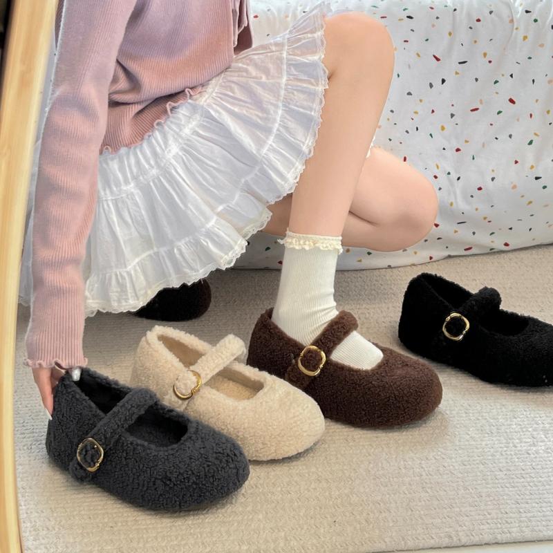 Winter Design Fur Women Mary Jane Shoes Concise Soft Sole Outdoor Shoes Ladies Comfort Warm Cotton Flats Shoes