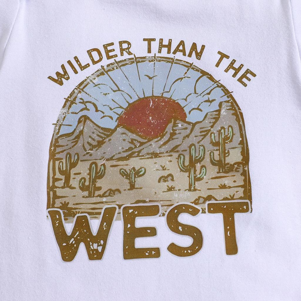 1-18 Months Baby “Wilder Than The West” Print Cotton Bodysuit Short Sleeve Jumpsuit Onesie