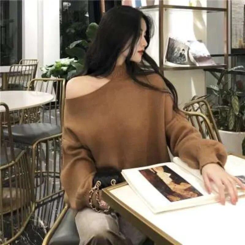 Casual Loose Outerwear Knit Tops Autumn Winter Fashion Sexy Off Shoulder Turtleneck Sweater Pullovers Women Solid Clothes 28353