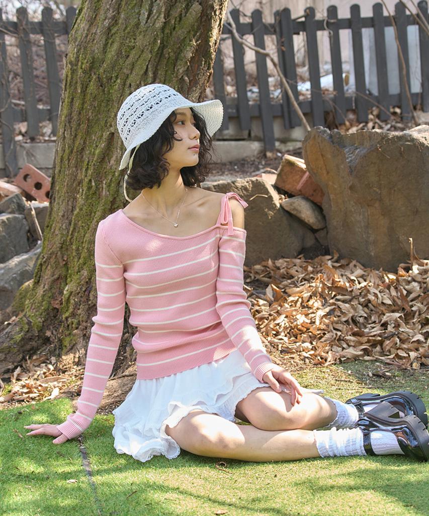 THE GREEN LAB Striped Shoulder Strap Detail Knit [Pink]