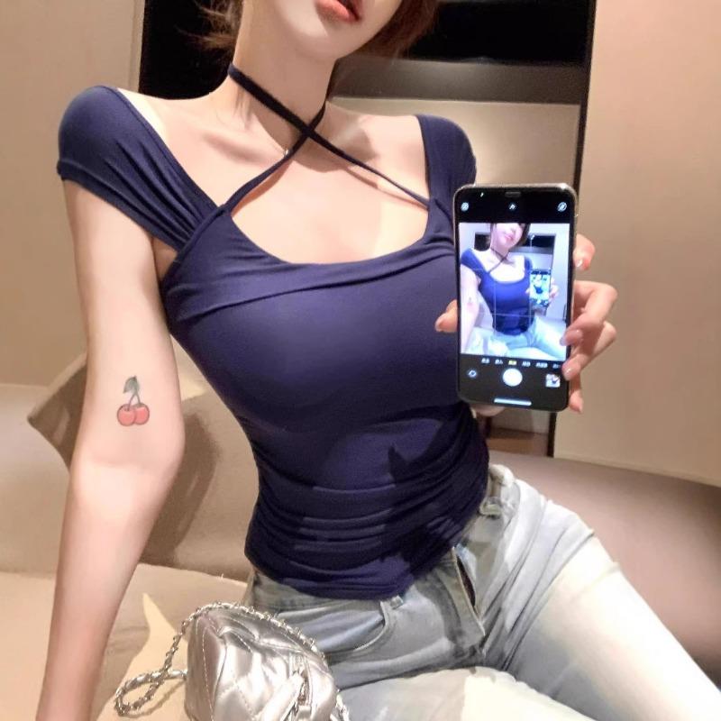 New Pure Desire Sexy Cross-lace One-shoulder Short-sleeved T-shirt for Women Summer Slimming Top