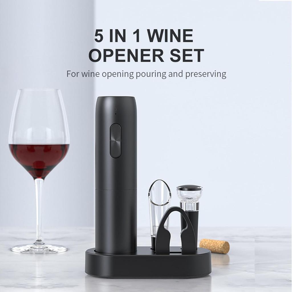 Electric Wine Bottle Opener Set, 5-in-1 Rechargeable Wine Gift Set with Charging Station, Foil Cutter, Aerator Pourer, Wine Stopper