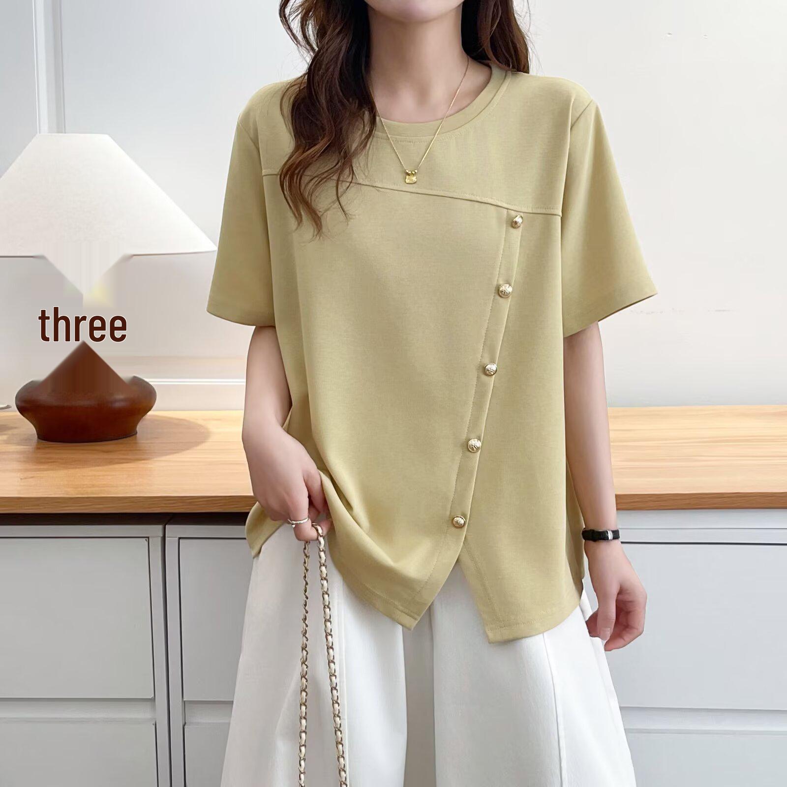 

Plus Size Women s Patchwork Short Sleeve Tee with Studded Buttons - 2026 New Style Fashion Top 3XL жёлтый