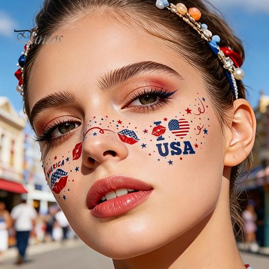 Holiday Tattoo Stickers Waterproof Freckle Tattoos Stickers, USA Flag Face for Independence Safe Skin Decals Day, Patriotic Temporary Body Art
