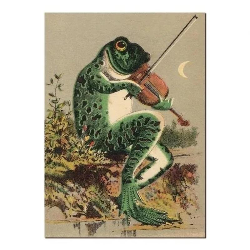 Vintage Animals Posters Banjo Frog Cartoon Canvas Painting and Prints Funny Nursery Wall Art Picture for Living Room Home Decor