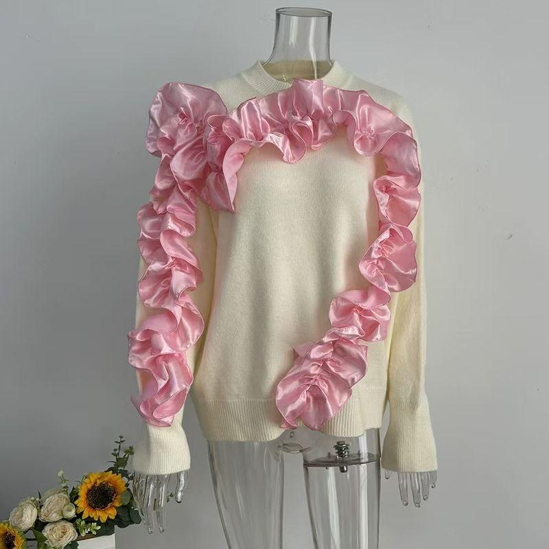 

Модный стиль трехмерный цветок вязаные топы круглый вырез свободный свитер 3D цветок вязаный свитер Beige White All yards