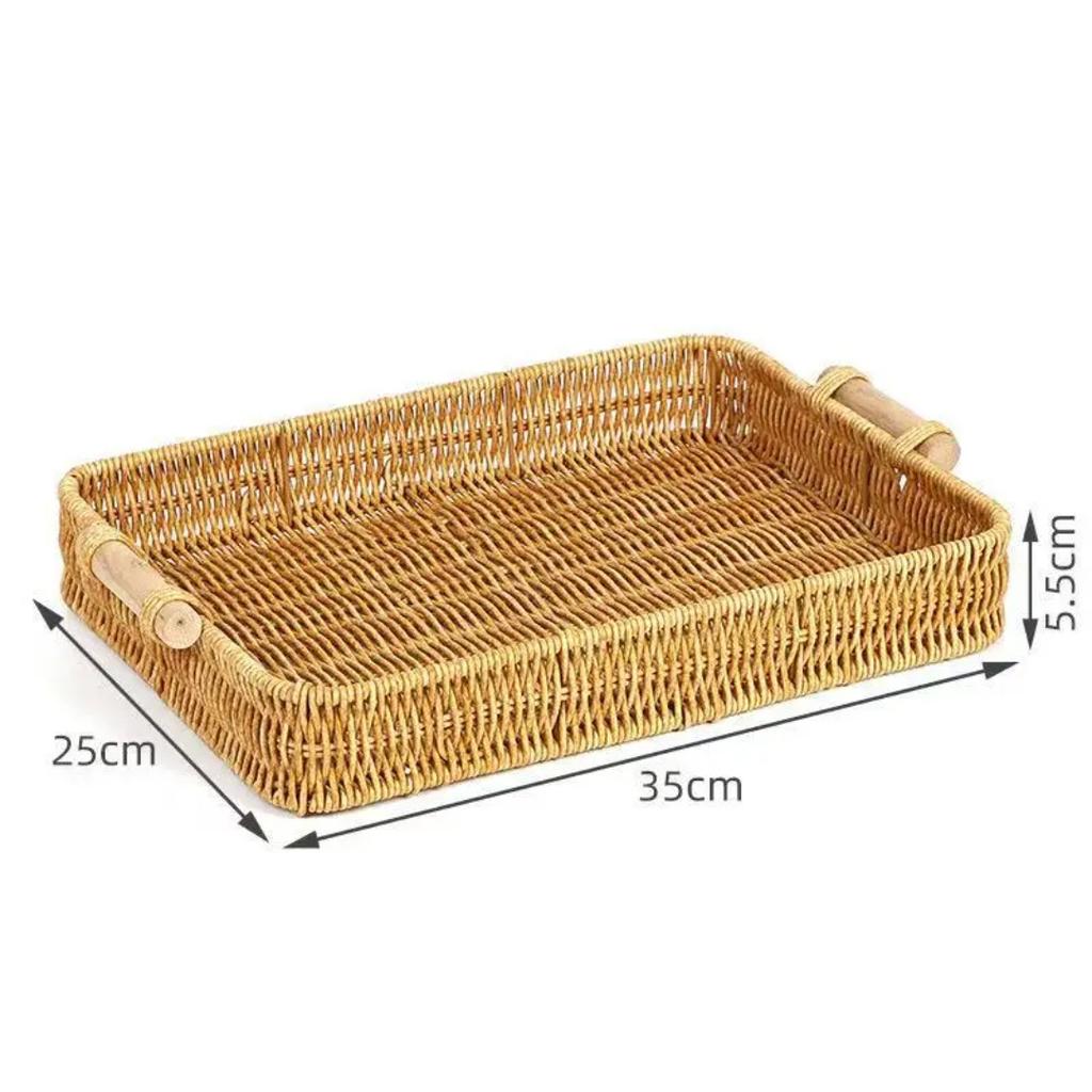 Handwoven Imitation Rattan Serving Tray with Wooden Handles Rustic Basket for Bakery Cafe Hotel Afternoon Tea Home Storage Decor