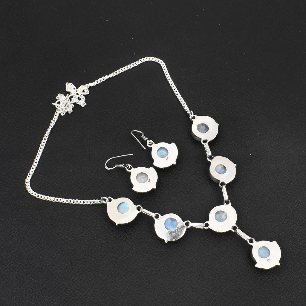925 Sterling Silver Rainbow Moonstone Jewelry Set Elegant Round Gemstone Necklace & Drop Earrings for Women Boho Wedding Jewelry
