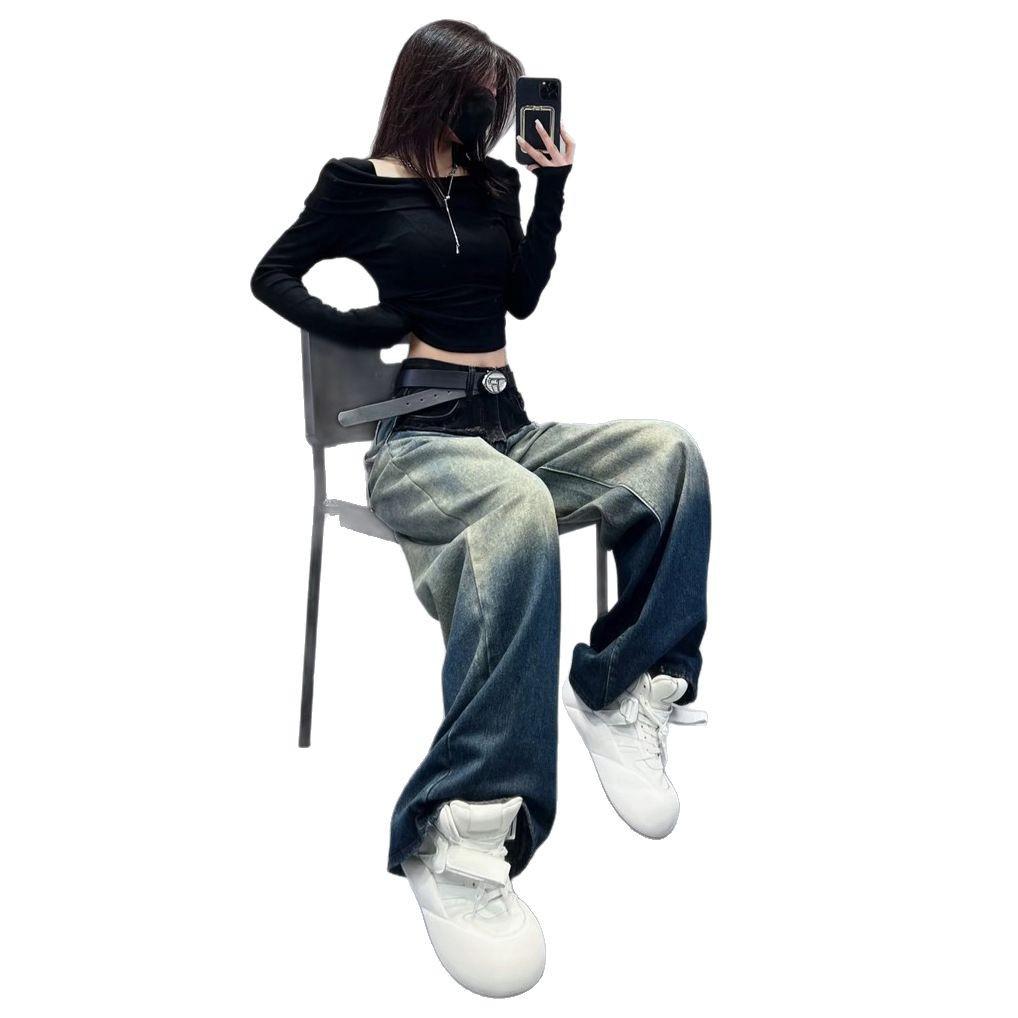 Women's Retro Distressed Gradient High-Waisted Wide-Leg Jeans - Early Autumn Collection