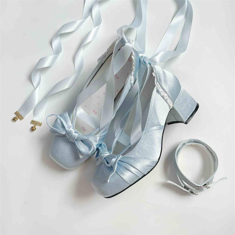 

Атласные балетки Мэри Джейн женские туфли лолита 2025 новые толстый каблук квадратный носок лента бант для девочки одинарные 40