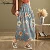 Mori Girl Spring Autumn Women Midi Denim Skirt Elastic Waist Floral Print Vintage Skirt Retro Elegant Ladies's Skirt With Pockets