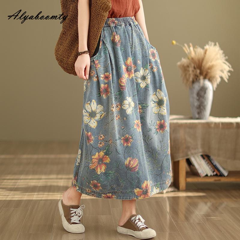 Mori Girl Spring Autumn Women Midi Denim Skirt Elastic Waist Floral Print Vintage Skirt Retro Elegant Ladies's Skirt With Pockets