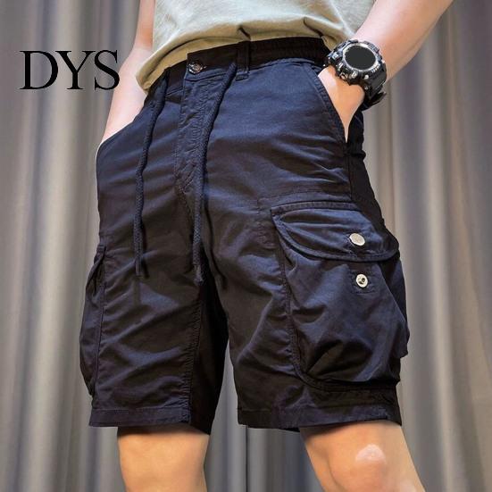 Men Cargo Shorts Elastic Waist Adjustable Drawstring Casual Straight Leg Beach with Reinforced Pockets Solid Color