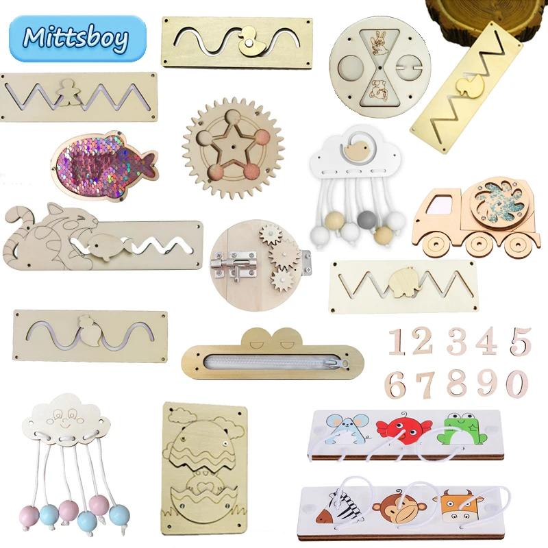 DIY Busy Board Montessori Educational Toys Animal Slide Zipper Numeric Letter Cloud Wood Chip Graphic Pairing Wooden Parts Gifts