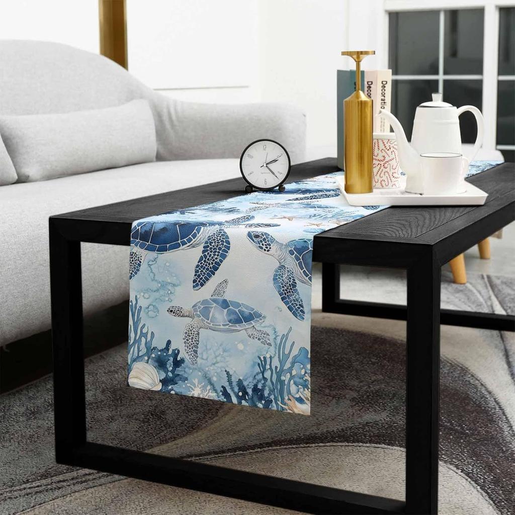 Blue Coral Sea Turtle Linen Table Runner Dresser Scarves Table Decor Washable Kitchen Dining Table Runner Holiday Party Decor