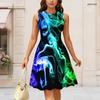 Women Plus Size Round Neck Sleeveless Red Black Printed Gathered Waist A Line Dress