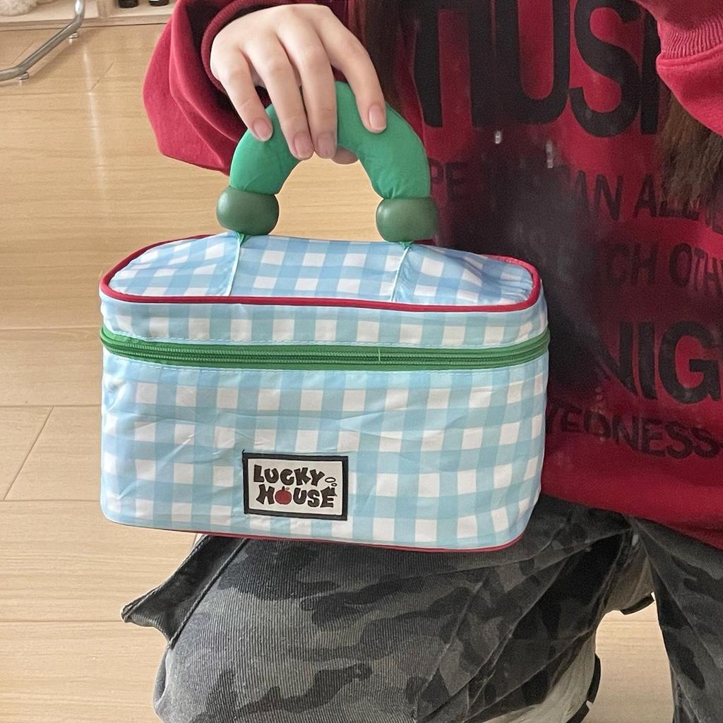 Korean Lucky Color Block Travel Makeup Bag, Large-Capacity, Water-Resistant Toiletry Organizer.