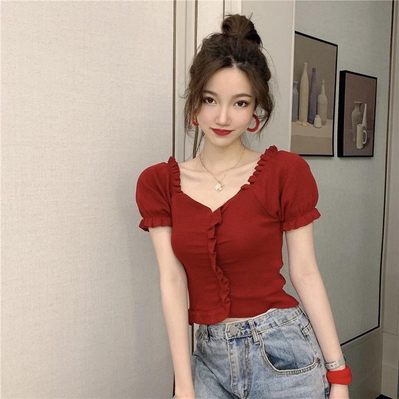 Summer Top Women's Korean Version Chic French V-neck Exposed Collarbone Short Sleeved T-shirt with Fungus Base Knitted Sweater