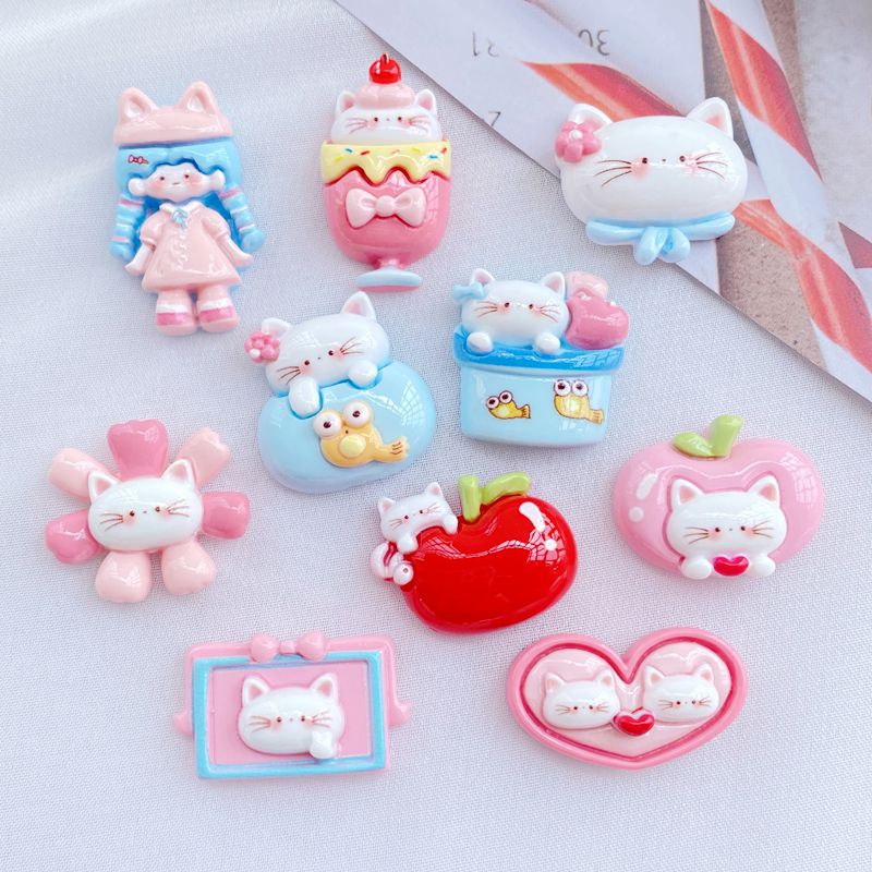 10 Pcs New Cute Cartoon Little Girl, Cat Series Flat Back Resin Scrapbooking DIY Jewelry Hairpin Craft Decoration Accessorie
