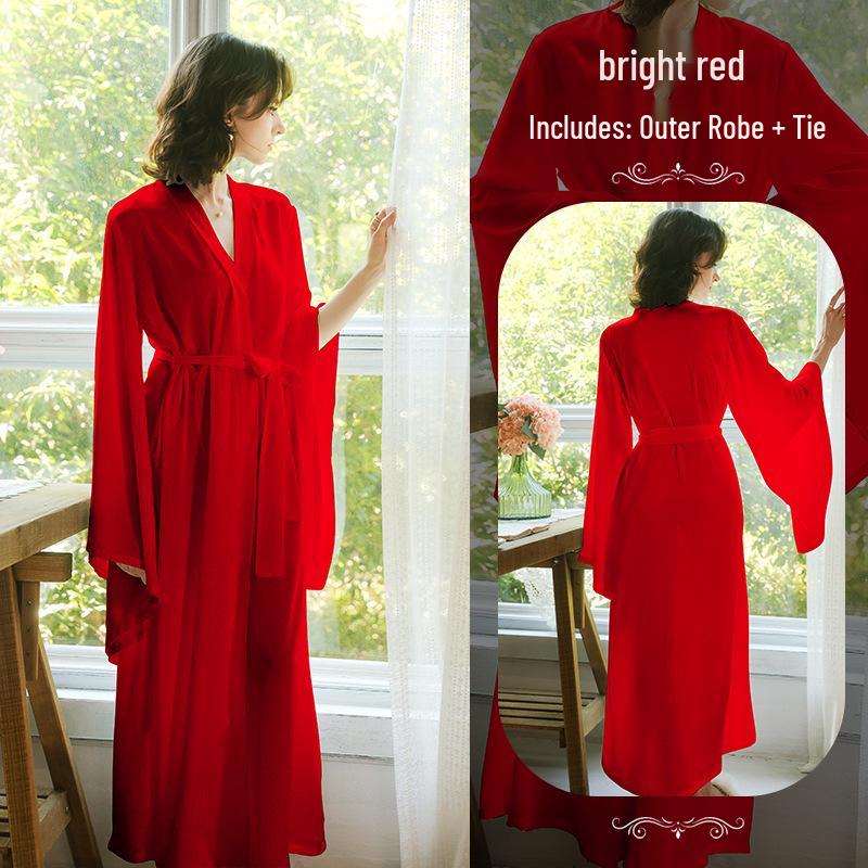 Sweet Satin Open-Front Robe: Deep V, Light Luxury, Tie-Waist, Wide Sleeves Homewear.