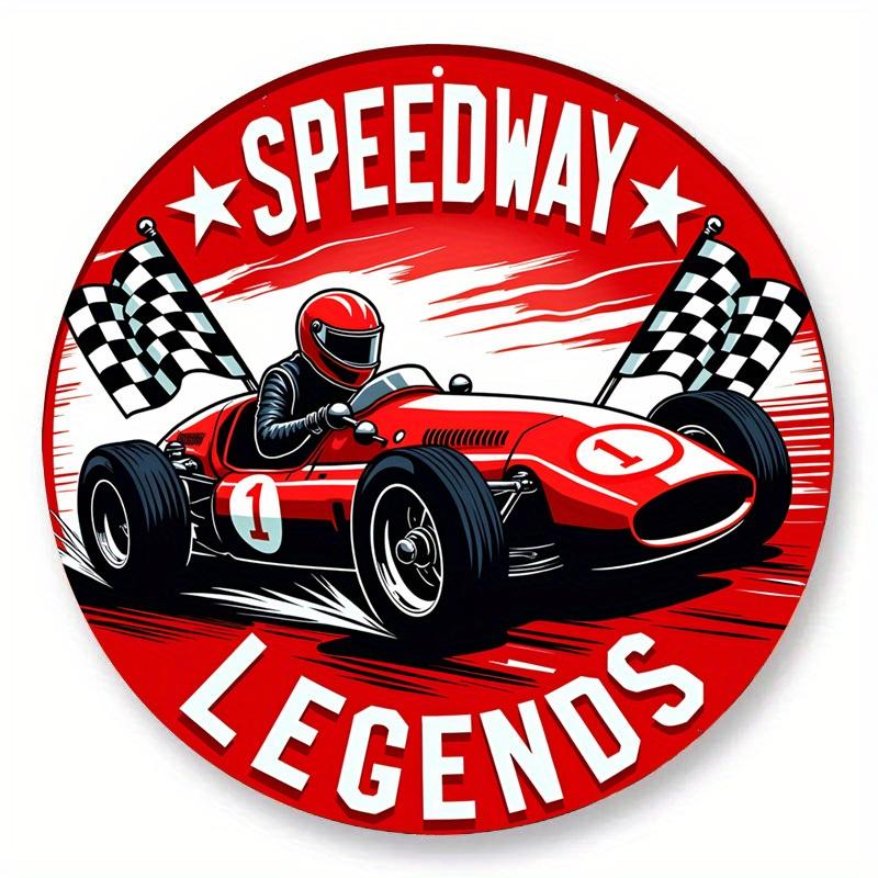

Vintage Speedway Legends Retro Red Race Car with Checkered Flags Round Metal Tin Sign Nostalgic Motorsport Racing Theme 20x20cm(8x8inch)