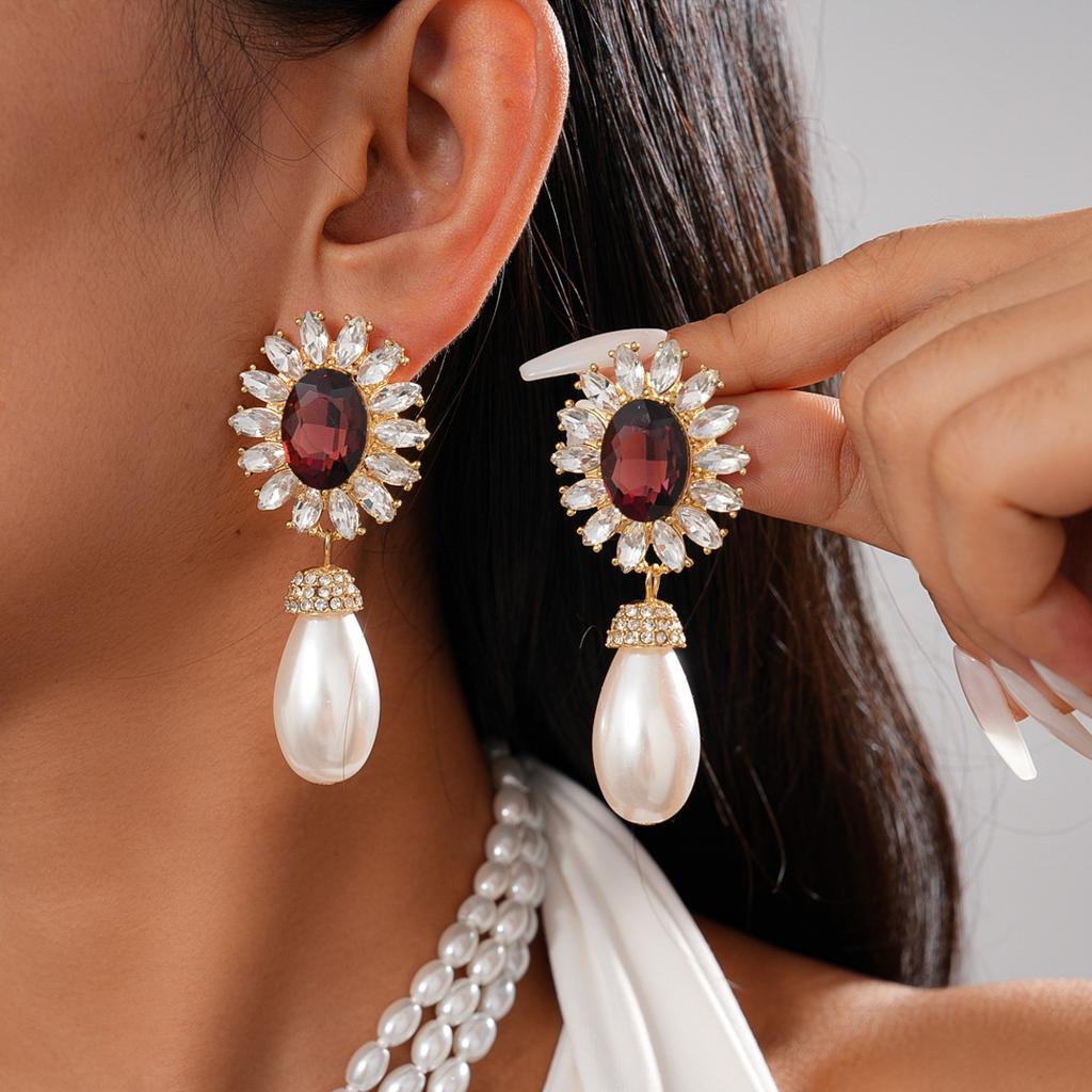 Diamond-set Imitation Pearl Flower Water Drop Necklace Elegant Fashion Accessories