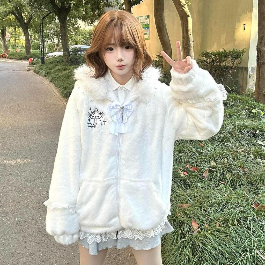 Japanische Süße Niedliche Mäntel Verdickt Mit Kapuze Pelzkragen Ohren Schleife Spitze Locker Jacken Y2k Ästhetik Oberteile Preppy Stil Damenbekleidung