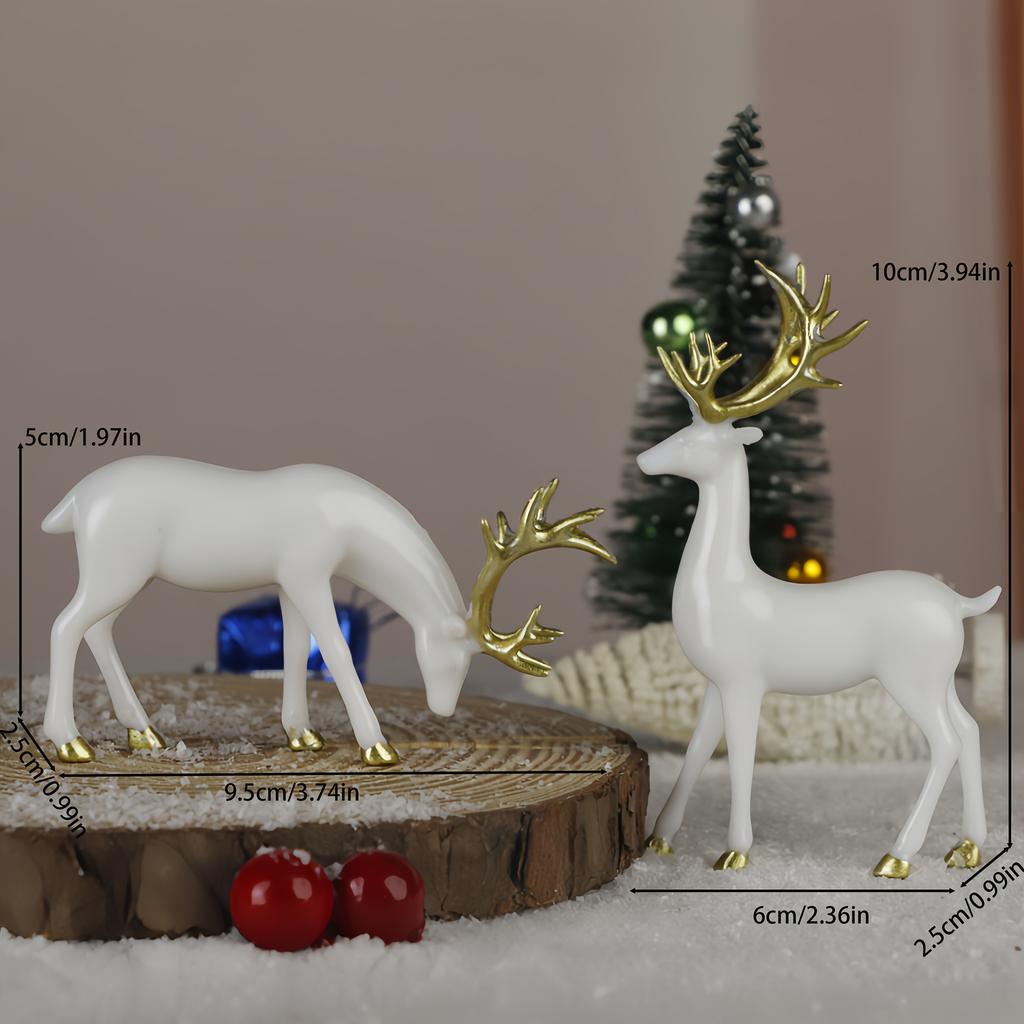 Two-piece set of white Christmas reindeer statue ornaments with golden antlers and horn decorations, suitable for Christmas, Valentine's Day,