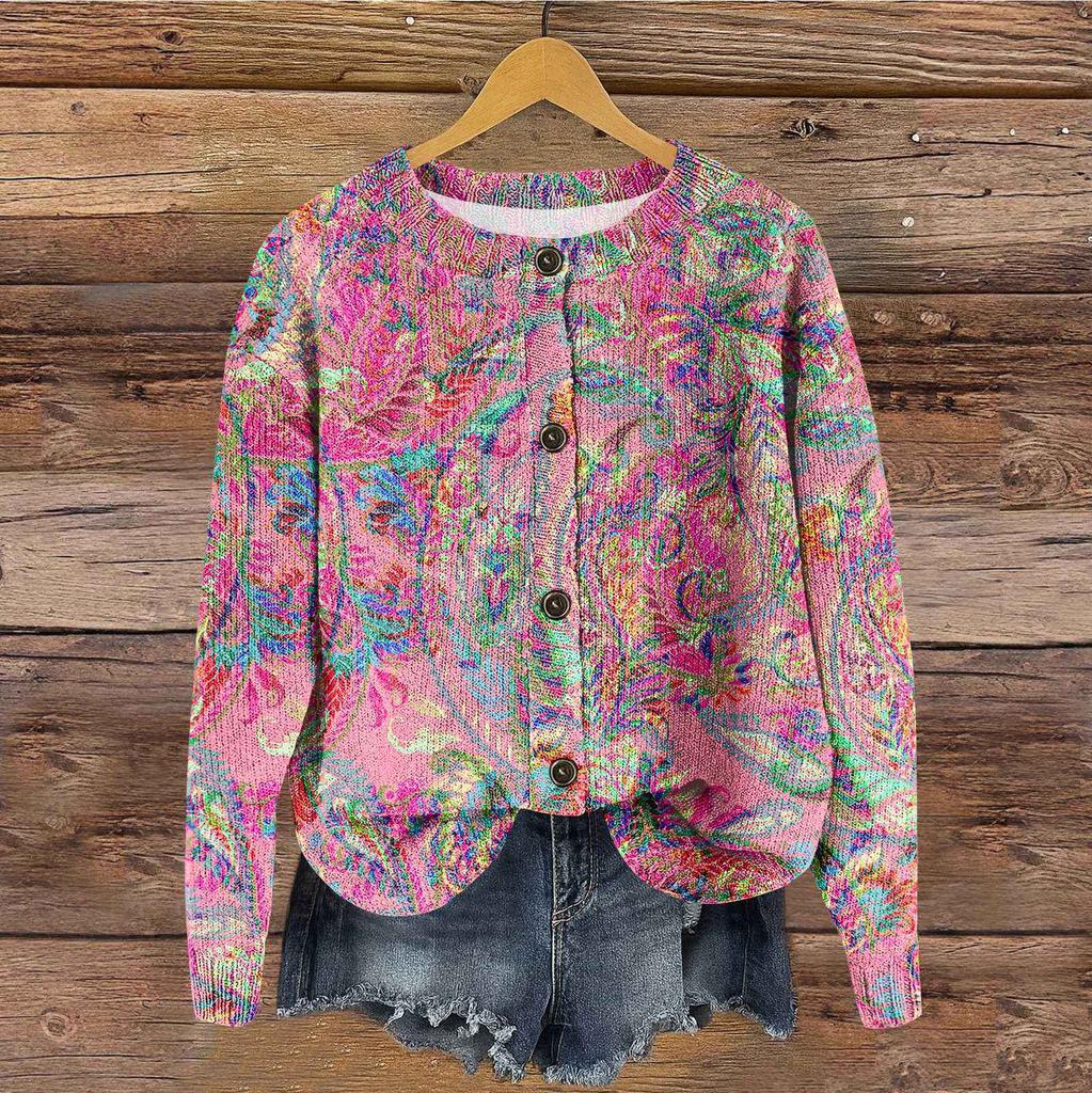 Women's Vintage Knit Button Vintage Print Cardigan Jacket