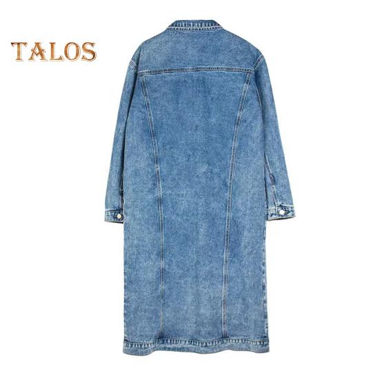 Jachetă retro pentru femei, slim, denim spălat, lungime medie, guler răsturnat, haină cu mânecă lungă cu nasturi, culoare uni, cu buzunare la piept.