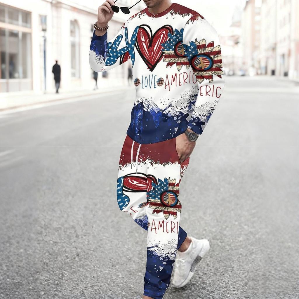 Men Split Usa Flag Star Floral Hand Print Long Sleeve Sweatshirt And Drawstring Jogger Pants Two Piece Suit