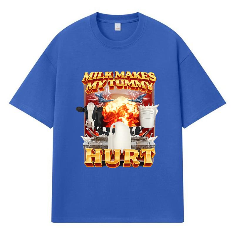 2026 Milk Makes My Tummy Hurt Printed Graphic Y2k Harajuku Streetwear 100% Cotton T Shirt Casual Oversized Summer Men T-shirt