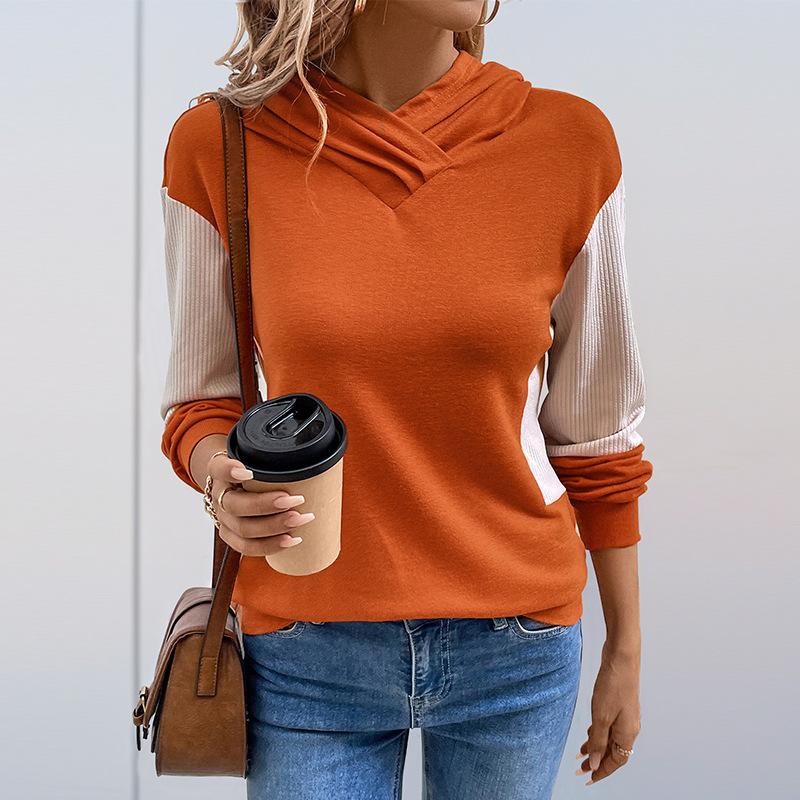 Ledig Komfort och Mångsidighet Höst Stickad Färgblockering Färg Tröja Kvinnor Med Huva