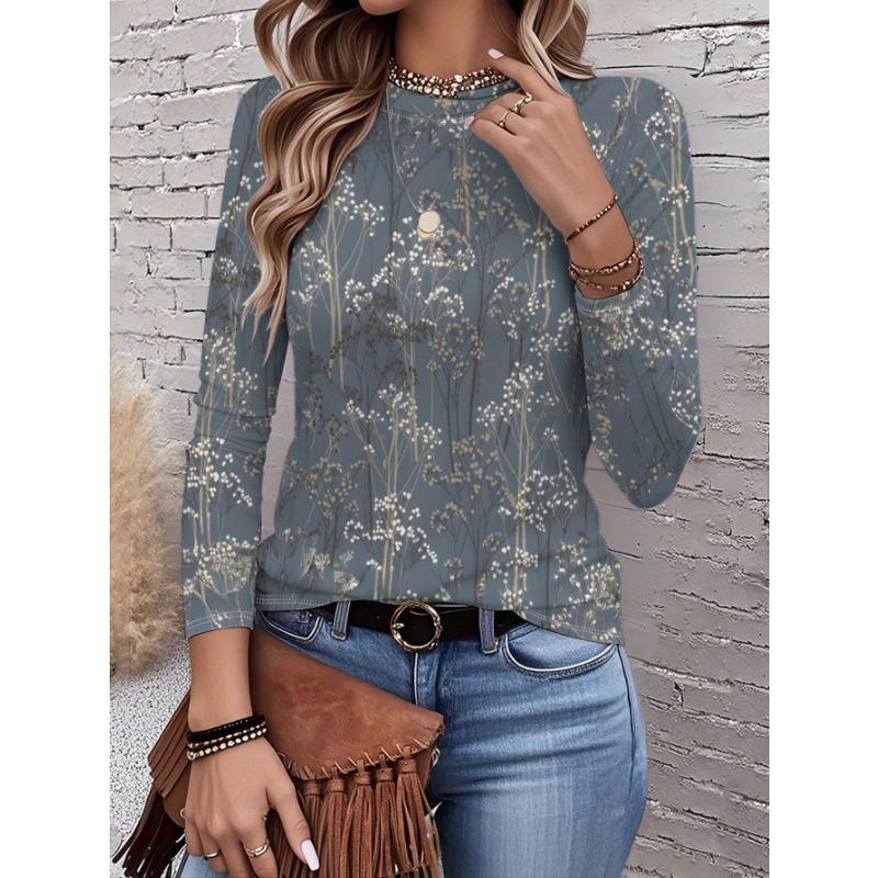 2026 New Women's Fashionable Long-Sleeved T-Shirt with Fresh Floral Pattern, Perfect for Everyday Wear and Stylish Outfits