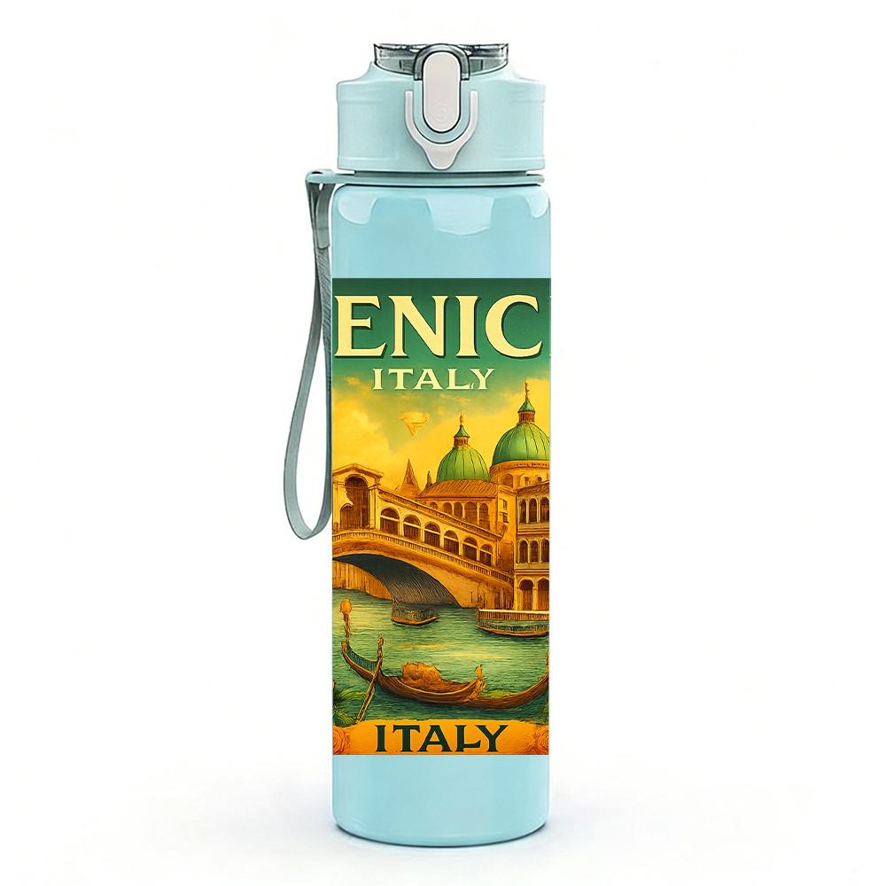 1PC Vintage Venice Travel Poster 750ml Color Plastic Sports Water Bottle Leakproof Flip Straw Lid For Sports Office Home Use