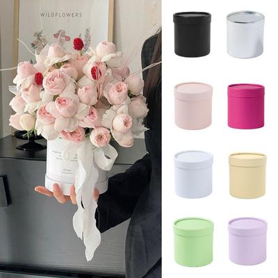 Round Flower Gift Box Cardboard Solid Color Gift Packaging Paper Box Silver Flower Arrangement Bucket Wedding Party Decoration