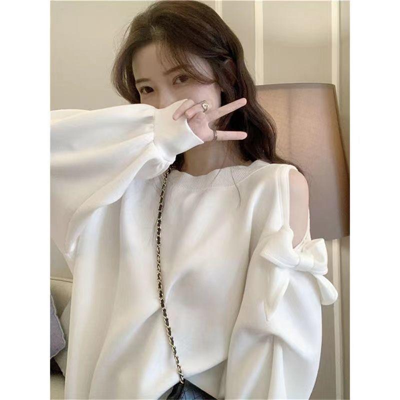 Bow Long Sleeved Off Shoulder Hoodie for Women Thin Hooded Spicy Girl Mid to Long Length Top